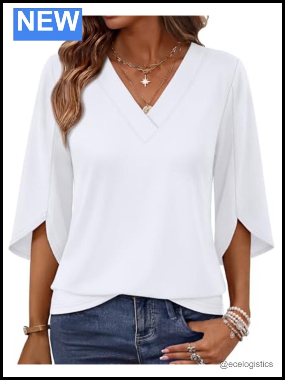 V Neck Bell Sleeve Blouse Dressy Casual Summer Top 3/4 Sleeve
